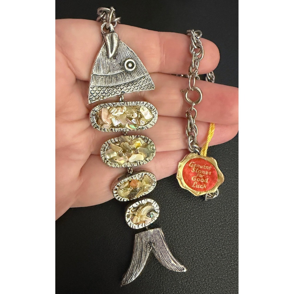 Vintage Fish Necklace Abalone Stone Articulated Silver Tone